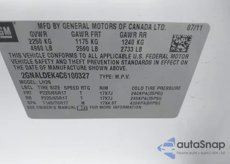 2012 Chevrolet Equinox 1Lt from USA, damaged, VIN 2GNALDEK4C6100327